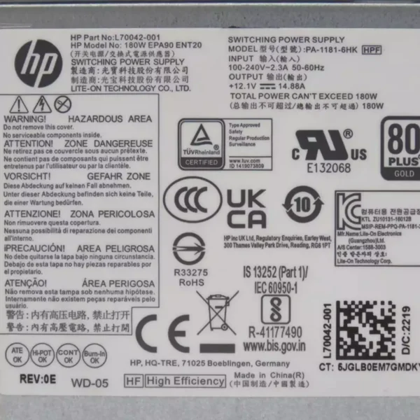 HP L70042 001 Switching Power Supply 180W EPA90 ENT20 SMPS for HP Desktop 4