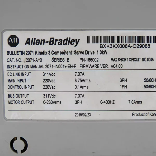 Allen-Bradley 2071-A10 Bulletin Kinetix 3 Component Servo Drive Series B - High-Performance Industrial Automation Solution